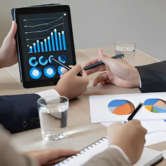 Riunione di lavoro con un tablet che mostra grafici di crescita e report finanziari stampati